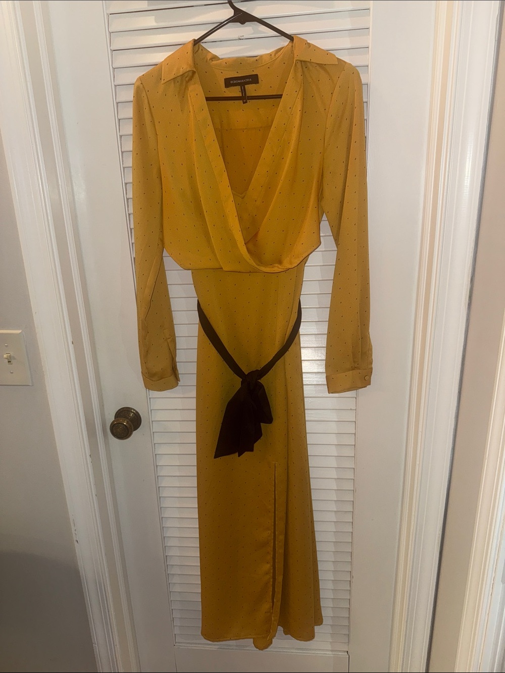 BCBGMaxAzria Mustard Yellow Long Sleeve Wrap Maxi Dress with Contrast Sash